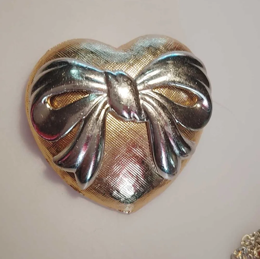 Gold Heart Brooch with Silver Bow